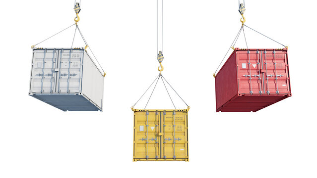 Three 20-foot shipping containers suspended by crane hooks for transport. Isolated on a transparent background. 3D illustration.