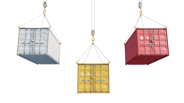 Three 20-foot shipping containers suspended by crane hooks for transport. Isolated on a transparent background. 3D illustration.