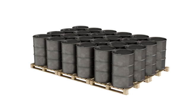 Black barrel tanks stacked on pallets. Isolated on a transparent background. 3D illustration.