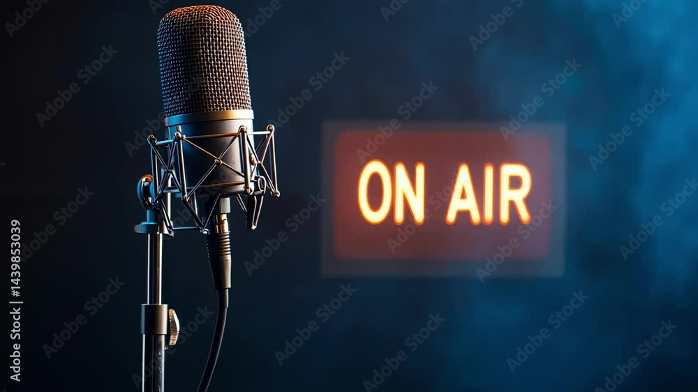 Poster glowing on air sign illuminating professional radio studio during live audio recording with golden m