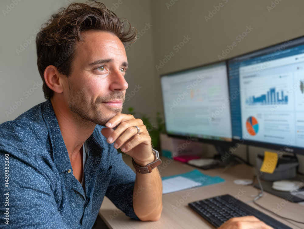 Aufkleber man analyzing data on dual monitors in modern office environment with professional appearance
