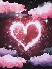 Sparkling Heart in Night Sky, Glowing Heart with Clouds, Romantic Heart Illustration, Magical Heart in Space, Dreamy Heart with Stars, Heart, Sparkling Heart, Glowing Heart, Romantic Heart, 