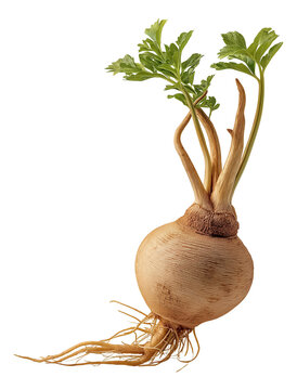 Fresh maca root with green leaves and visible thin roots.