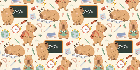 Seamless back to school pattern with cute capybara characters and supplies in doodle style. Warm brown, pastel colors on beige background. Perfect for fabric, wrapping paper, stationery, kids products