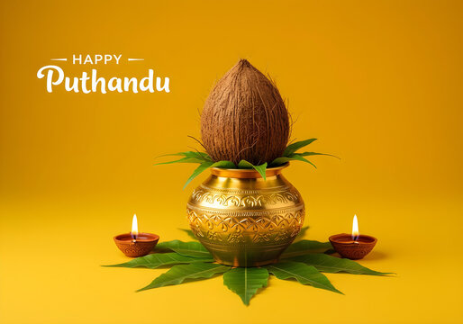 traditional tamil new year puthandu celebration with brass kalasam coconut mango leaves and oil lamps against golden background festive greeting
