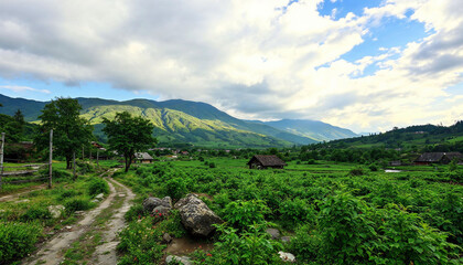 Obraz premium Idyllic Mountain Vista: A breathtaking vista unfolds, revealing lush green meadows, gentle hills, and majestic mountains beneath a dramatic cloudy sky.