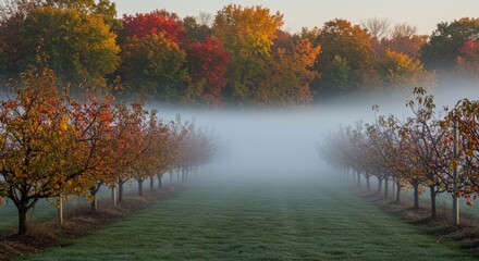 Obraz premium Autumn orchard with colorful foliage and morning fog creating a serene view