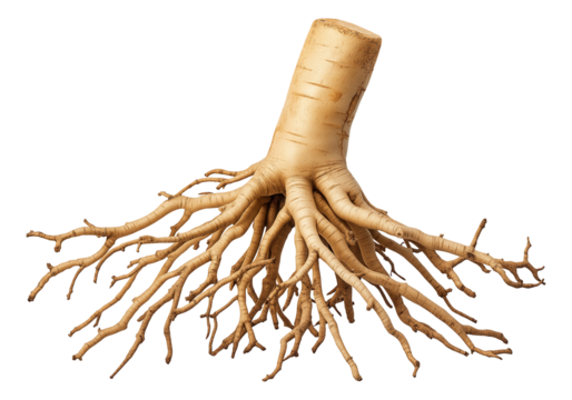 Detailed illustration of a tree stump with complex root system extending outward.