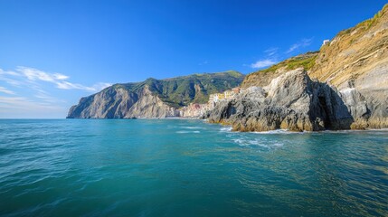 Fototapeta premium Coastal village, cliffside houses, turquoise sea, sunny day, travel destination