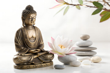 Buddha Statue with Lotus and Stones for Peace and Meditation
