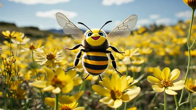 Happy bee flies above yellow flowers
