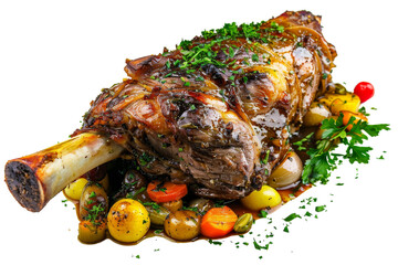 Slow-Cooked Perfection: Whole Lamb Braised with Wine and Herbs Isolated On White Background