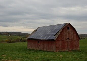 Obraz premium Barn with solar panels in a rural landscape under a cloudy sky
