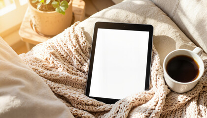 Cozy tablet mock-up with coffee in a sunlit room  