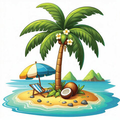 Cartoon summer tropical tree coconut beach island illustration clipart on white Background 