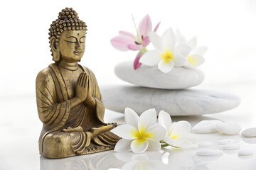 Buddha Statue with Frangipani Flowers and Stones