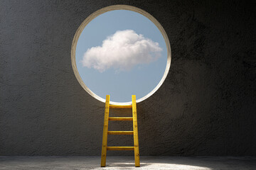 Yellow ladder leading to a circular window showcasing a single cloud in a blue sky, symbolizing ambition, achievement, and reaching for goals