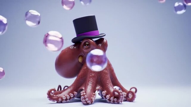 Un retrato de un pulpo hiperrealista y adorable sentado en un estudio. Lleva un sombrero de copa. El fondo es de un morado claro liso.
