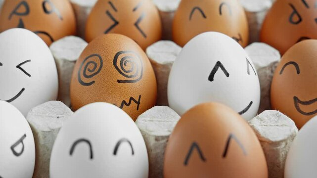 Chicken eggs in egg box carton. Funny faces on brown and white eggs. Happy easter concept. Dolly shot. Funny and interesting cartoon faces. Humor. 4K, UHD