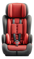Obraz premium Modern red and gray child car seat with safety harness and ergonomic design.