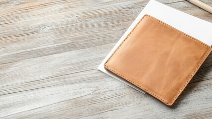 Leather Wallet on Wooden Desk with Paper and Pencil wallet leather desk wood paper pencil document
