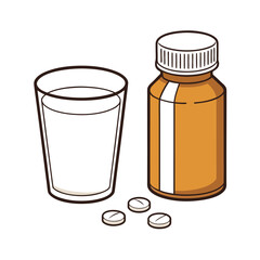 Glass of Milk Pill Bottle Medication Tablets White Pills Pharmaceutical Health Care Medical Treatment Amber Glass Bottle White Plastic Cap Clear Glass White Background Clean Aesthetic High Contrast 