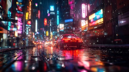 Obraz premium Neon Reflections: A Rainy Night Scene in a Futuristic Cyberpunk Cityscape