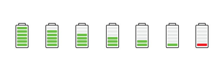 battery icon set. battery vector collection. battery level indicators. battery charger icon.