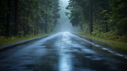 Obraz premium Scenic view of wet asphalt road during rainy day in misty and dense forest