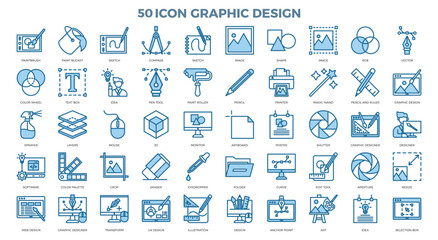 Set of vector icons illustrating various aspects of digital design, including software development, color palettes, web design, and graphic design. Perfect for use in presentations, websites, and mark