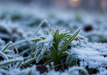 Frosty grass blades and plants covered in ice crystals on a cold morning