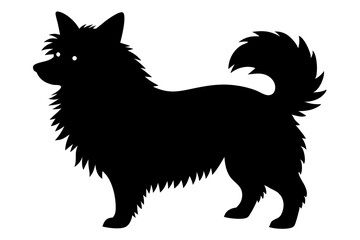 Isolated black silhouette of a pomeranian dog with fluffy tail design element, pomeranian, dog, silhouette, animal, pet, canine, black, fluffy, isolated, vector, breed, illustration, design, cut out
