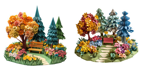 Seasonal paper trees in autumn and winter style isolated on transparent PNG perfect for decorative landscape or game settings