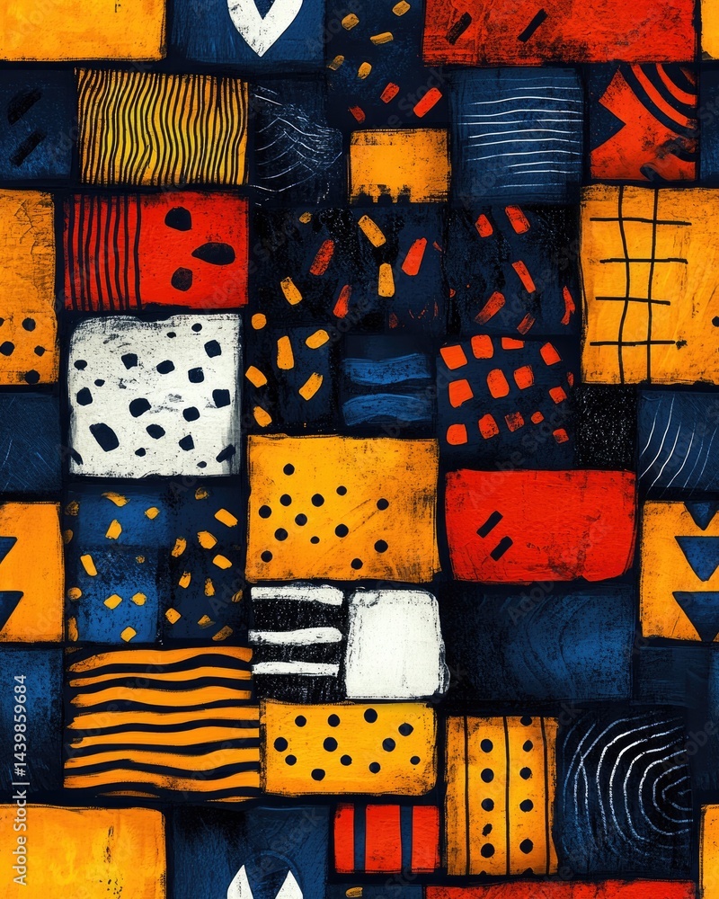 Poster bold geometric patterns blend vibrant colors, creating dynamic v