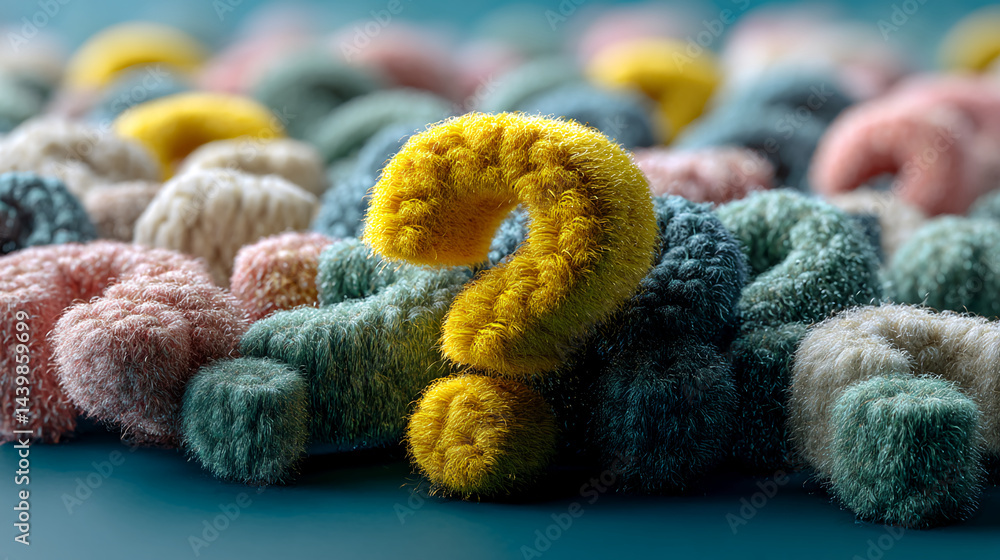 Aufkleber fluffy textured question mark in yellow, surrounded by similar shapes in various pastel colors, sugg