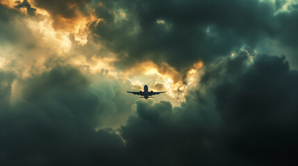 Naklejka premium A commercial airplane climbs through the clouds, symbolizing progress and human ambition in aviation.