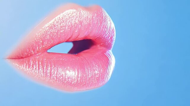Close up of glossy pink lips slightly parted, showcasing white teeth against a vibrant blue backdrop, emphasizing beauty, cosmetology, and lip augmentation procedures