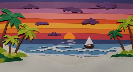 Obraz premium Foam Paradise: Colorful Tropical Beach Scene with Sailboat