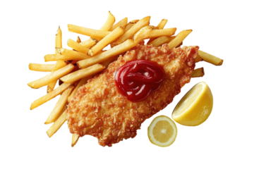 A German schnitzel with fries lemon and ketchup isolated on white background shows classic hearty flavor