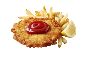 German schnitzel plate with fries lemon and ketchup isolated on white background captures authentic savory presentation