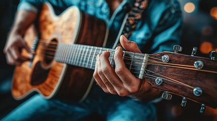 Obraz premium Guitar playing with focus on the neck and hands