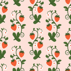 Ripe Strawberry Seamless Pattern with Branch, Berries, Flowers and Leaves on Light Pink Background. Cute Summer Fruit Design for Fabric, Wrapping Paper, Kitchen Textile or Packaging