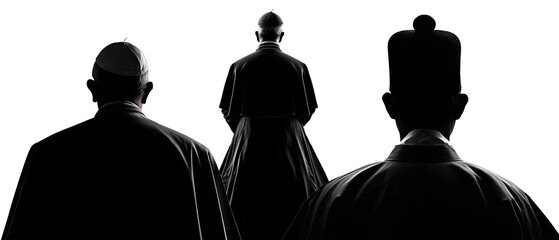 3 unrecognizable black silhouettes of church representatives standing with their backs to the camera, isolated on a white (transparent) background; concept of conclave, election of a new pope, vatican
