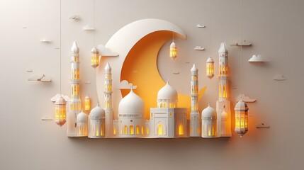 Intricate Paper Cut Art of Mosque and Crescent Moon Display