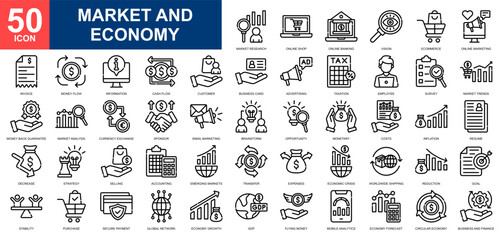 Market and Economy icon set collection. Market growth, market analysis, digital economy, global economy, cash flow icon. Simple line vector.