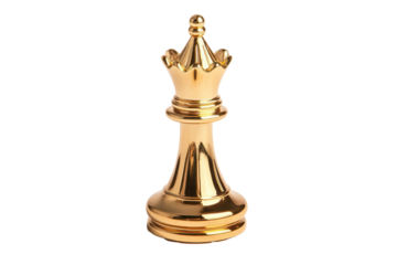 A golden queen chess piece stands strong as the symbol of power strategy and elegant dominance