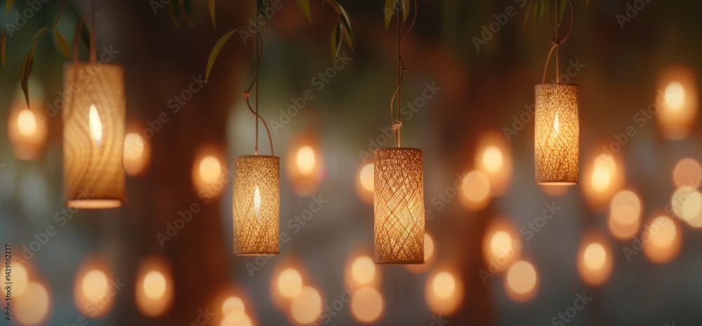 Poster warm lanterns illuminating a cozy outdoor setting at dusk with soft bokeh background