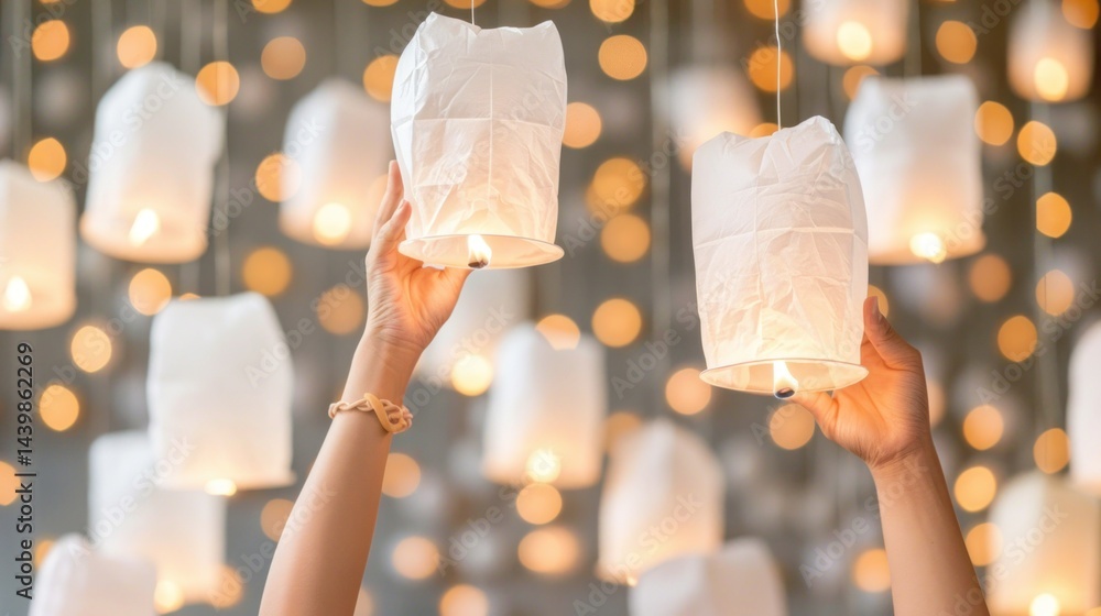 Poster hands releasing paper lanterns against a softly lit background of glowing bokeh lights for a magical