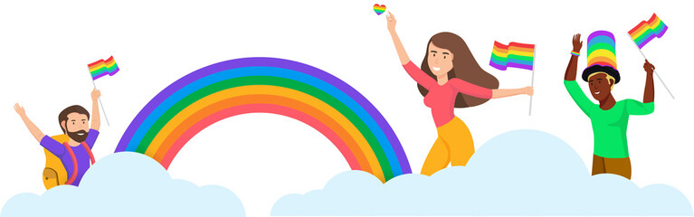 Pride month background decoration border design with people cartoon character design, PNG file transparent background 