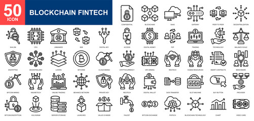 Blockchain Fintech icon set collection. Bitcoin, financial management, digital economy, digital currency, digital security icon. Simple line vector.